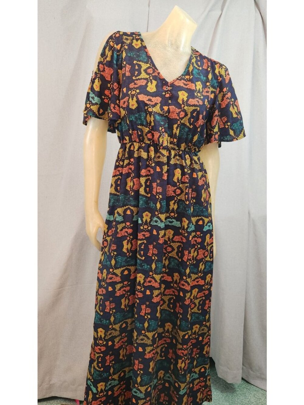 Collective Concepts Blue Yellow Short Slv V Neck Shift Dress Womens MEDIUM Cold